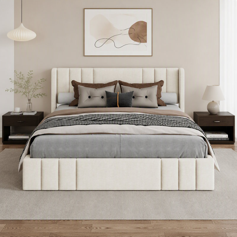 Structure de lit plateforme tapissier, Grand lit, Beige