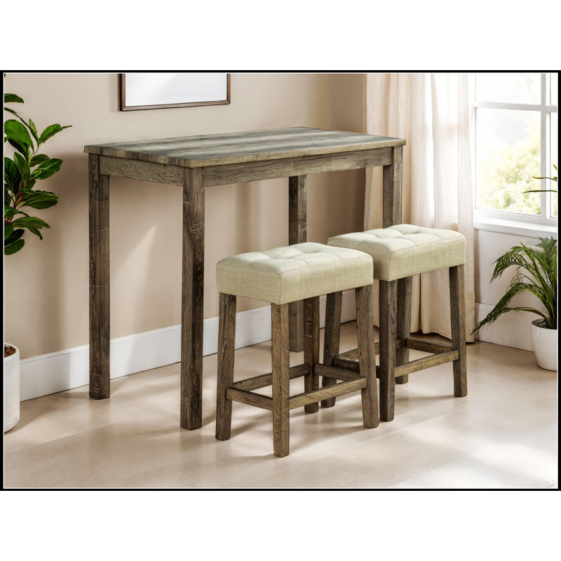 Ensemble de salle à manger 3 pièces brun transitionnel avec table en bois d'hévéa et tabourets capitonnés beiges pour espaces compacts