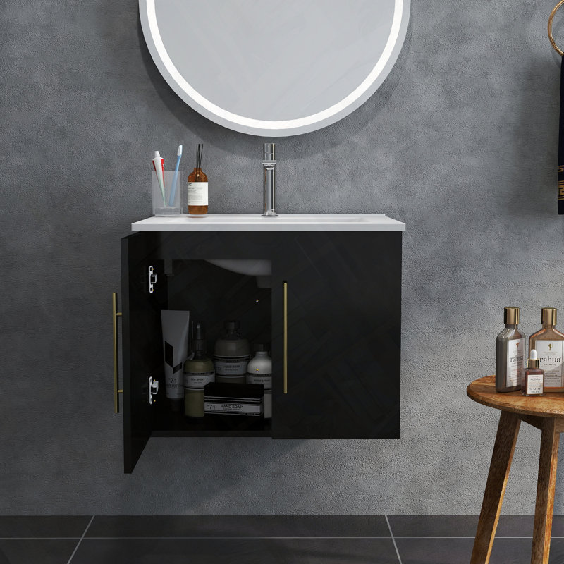 Meuble-lavabo mural avec lavabo double et charnières à fermeture en douceur, Noir