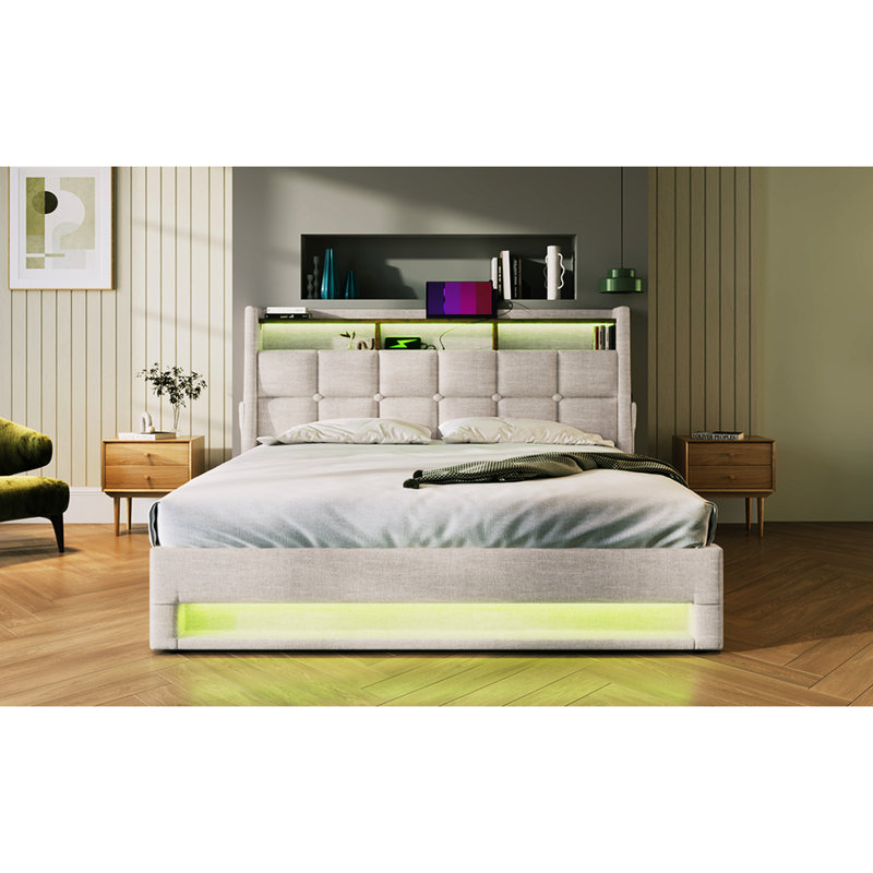 Lit double tapissier avec rangement hydraulique, DEL, tête de lit plateforme Natural Grace, Lit double, Blanc