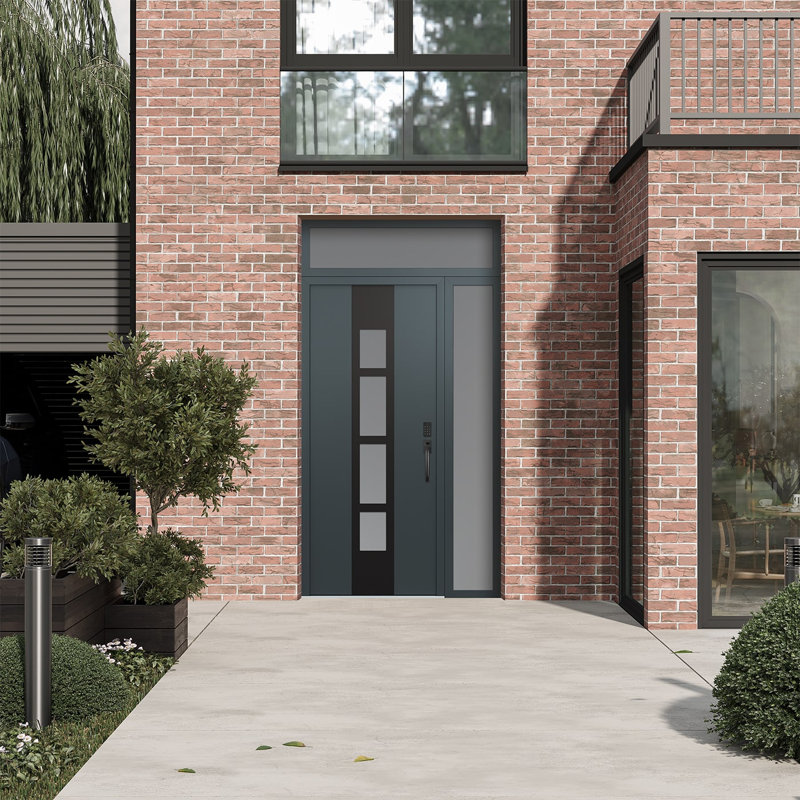 Porte d'entrée pré-suspendue en acier à panneau noir Diamond A10 avec panneau latéral et traverse, L 51,25 po x H 95,69 po