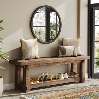 55" Solid Wood Entryway Bench with Shoe Storage, Rustic Charred Wood Grain Foyer Bench with Open Shelf for Hallway, Mudroom, Bedroom, Easy Assembly