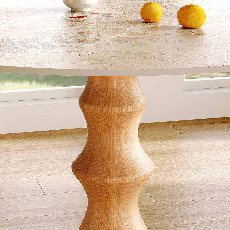Table de salle à manger en pierre frittée ronde, table de cuisine circulaire pour 2 à 4 personnes, table de salle à manger en bois massif d'inspiration bambou pour la salle à manger, le coin-repas ou le salon