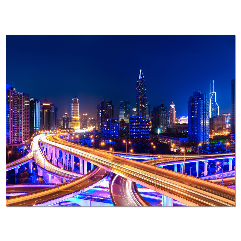 «Interchange Overpass at Night Skyline Cityscape», reproduction de photo sur toile tendue, H 30 po x l 40 po x P 1 po