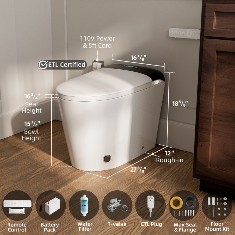 Toilette intelligente bidet Los Flexi E5D, 4 modes de bidet, chasse d'eau automatique et chasse au pied, chasse d'eau à la batterie, lavage instantané à l'eau chaude, siège chauffant, séchoir à air chaud, veilleuse, panneau latéral et télécommande, 1,28 GPF , Bol allongé, 12 po brut