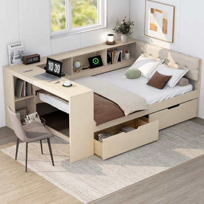 Lit plateforme double en bois avec tablettes de rangement, tiroirs, station de charge et tête de lit tapissier