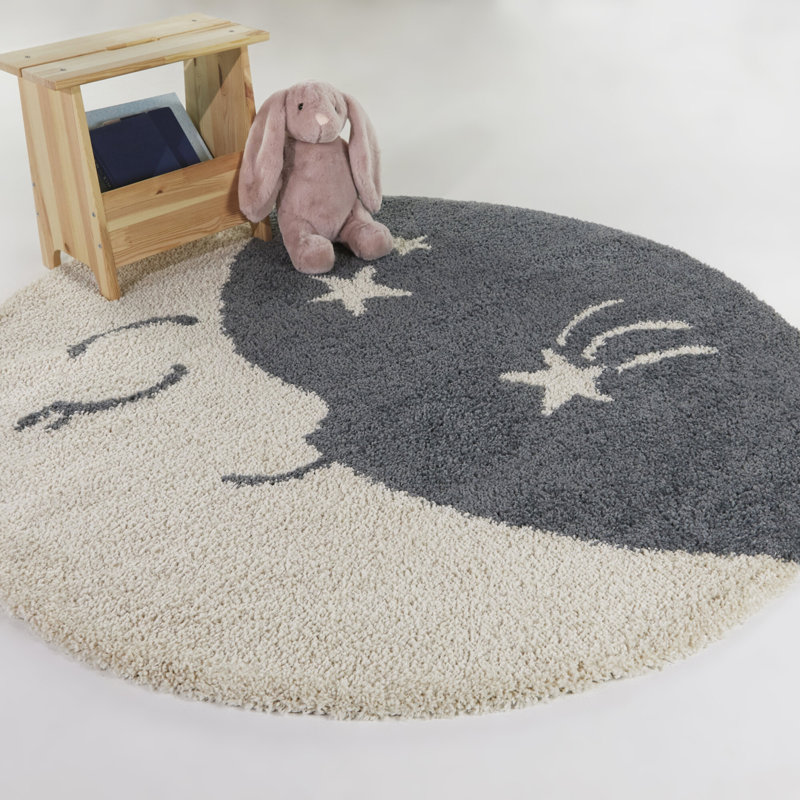 Round Gray and Off-White Synthetic Shag Kids Rug