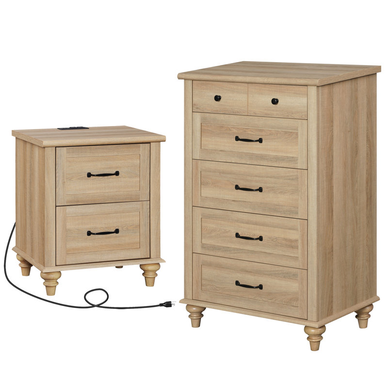 Ensemble de commode et table de chevet 2 pièces 2 pièces, chêne