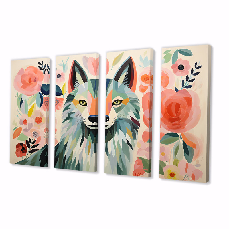 «Boho rose et vert», portrait de loup III - loup, 4 pièces, H 32 po x l 64 po