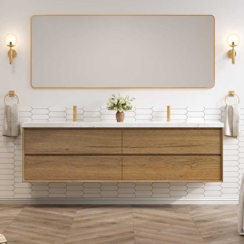 Meuble-lavabo mural avec plateau en marbre d'ingénierie, Bois naturel, 72"