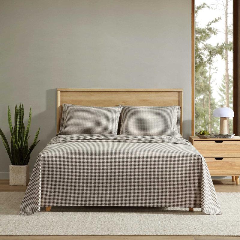 Ensemble de draps en coton percale Eddie Bauer, Ensemble de draps pour grand lit avec 2 taies d'or, Pied-de-poule brun