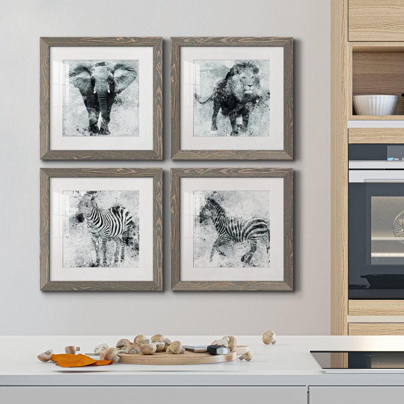 Proud Elephant - ensemble de 4 photos sur toile tendues, Toile avec encadrement gris, H 27,5 po x l 110 po x P 1,5 po