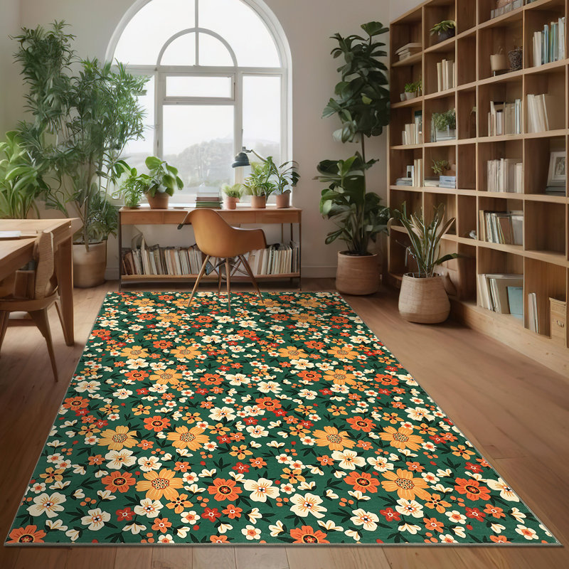 Modern Area Rug Washable Floral Print Floor Mat With Rubber Backing, Stain-Resistant Farmhouse Indoor Carpet, Soft Low Pile Accent Rugs for Bedroom