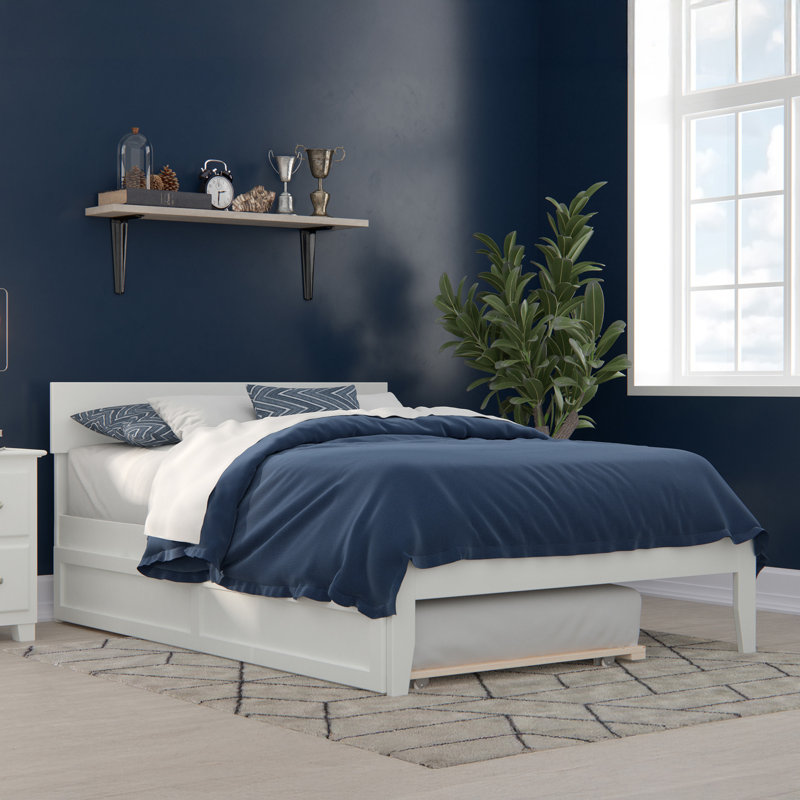 Lit plateforme avec lit gigogne en bois massif Farrah de Three Posts ™, Double, Blanc