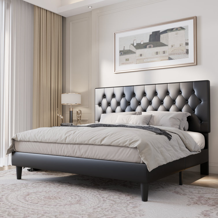 Low Profile Linen or Faux Leather Upholstered Bed