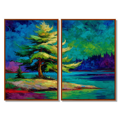 «Vibrant Green Pine Trees Morning Sun», impression sur toile de pin, décoration murale nature verte 2 pièces