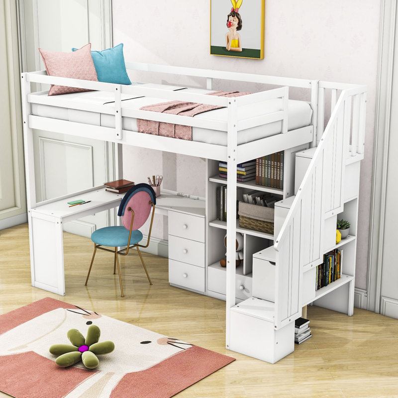 Haizley Kids Twin Loft Bed with Drawers, White