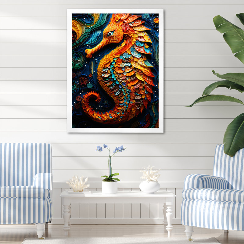 «Orange and Blue Seahorse Symphony 4», Cadre photo blanc, H 40 po x l 30 po x P 1,5 po