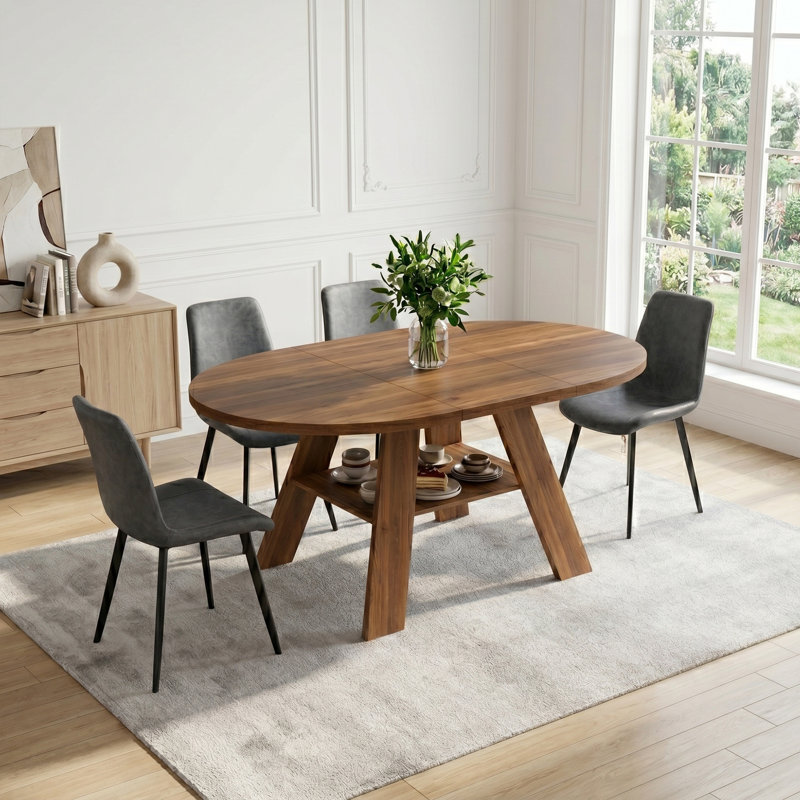 43.3''-59'' Extendable Round Dining Table For 4-6, Mid Century Modern Wooden Round Table With Removable Leaves Space Saving, For Kitchen Living Room
