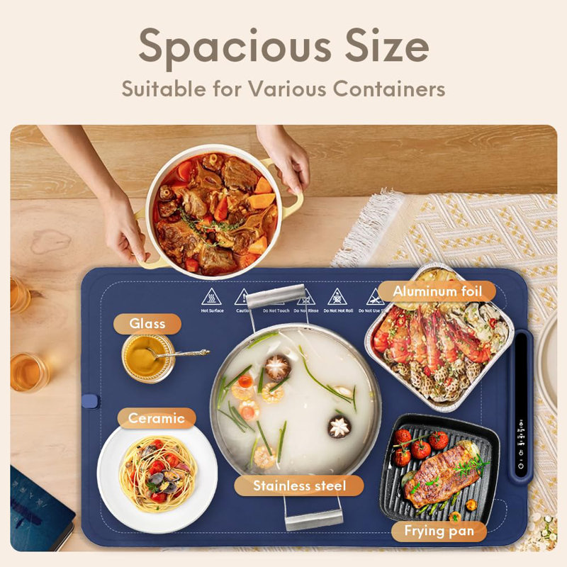 Large Electric Warming Tray, 3 Temp Levels, Silicone Heating Mat with Child Safety Lock, Auto-Shutoff