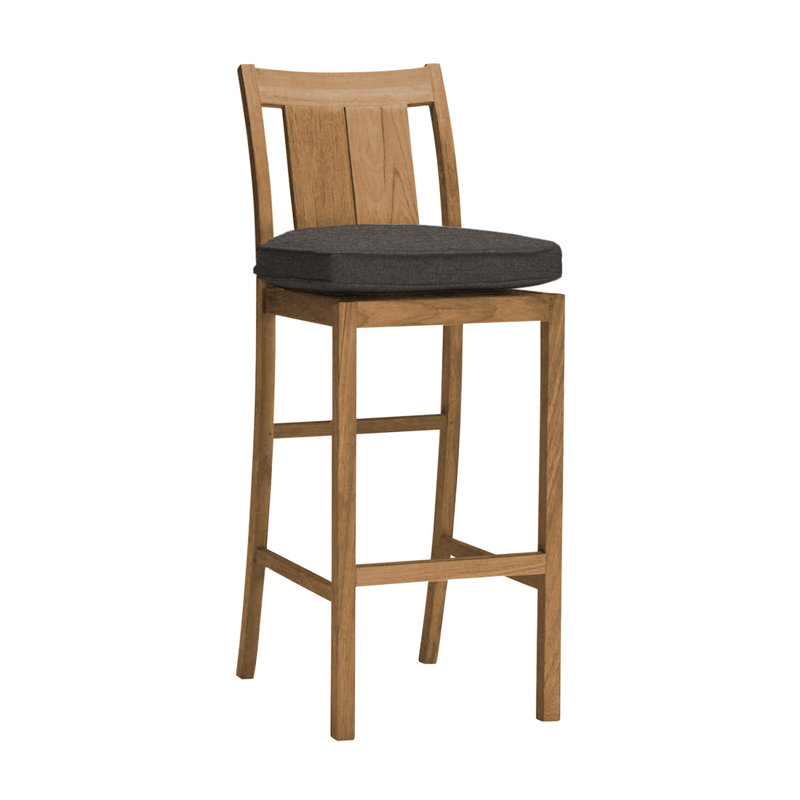 Croquet 30" Patio Bar Stool with Cushion, Natural Teak, Welt, Linen Navy
