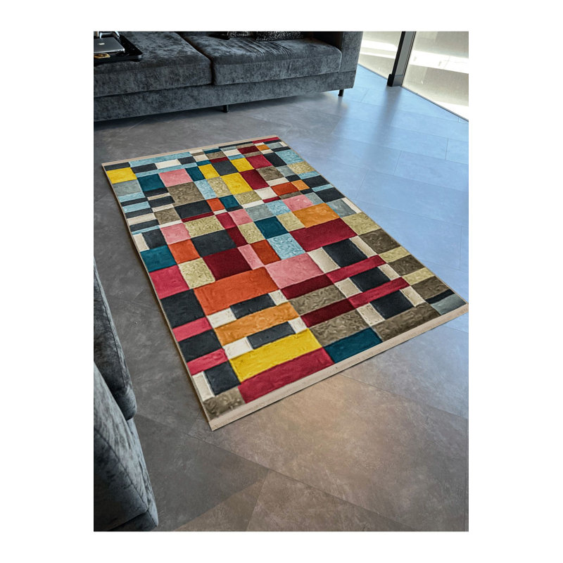 Tapis multicolore multicolore à motif géométrique abstrait à franges et lavable à la machine, Carré 3 pi 3 po