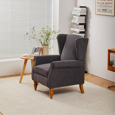 Coffee Table & Armchair Set,Vintage Luxury Style, A High-Back Reading Chair (Antique Dark Grey) & A Solid Wood Coffee Table (Natural Wood) , Suitabl