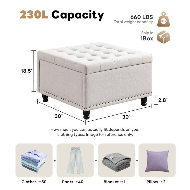 Repose-pieds carré avec rangement Arshi, Mélange de lin beige