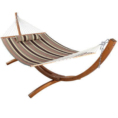West Hewish 2-Person Polyester Spreader Bar Hammock with 13' Curved Wood Stand - Catalina Beach