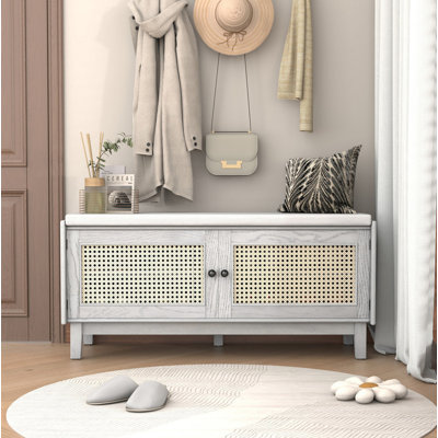 Boho Rattan Entryway Bench with Storage, Cushioned Shoe Bench with Double Doors, Wooden Shoe Organizer Bench for Entryway and Hallway (Gray Wash+Beige )