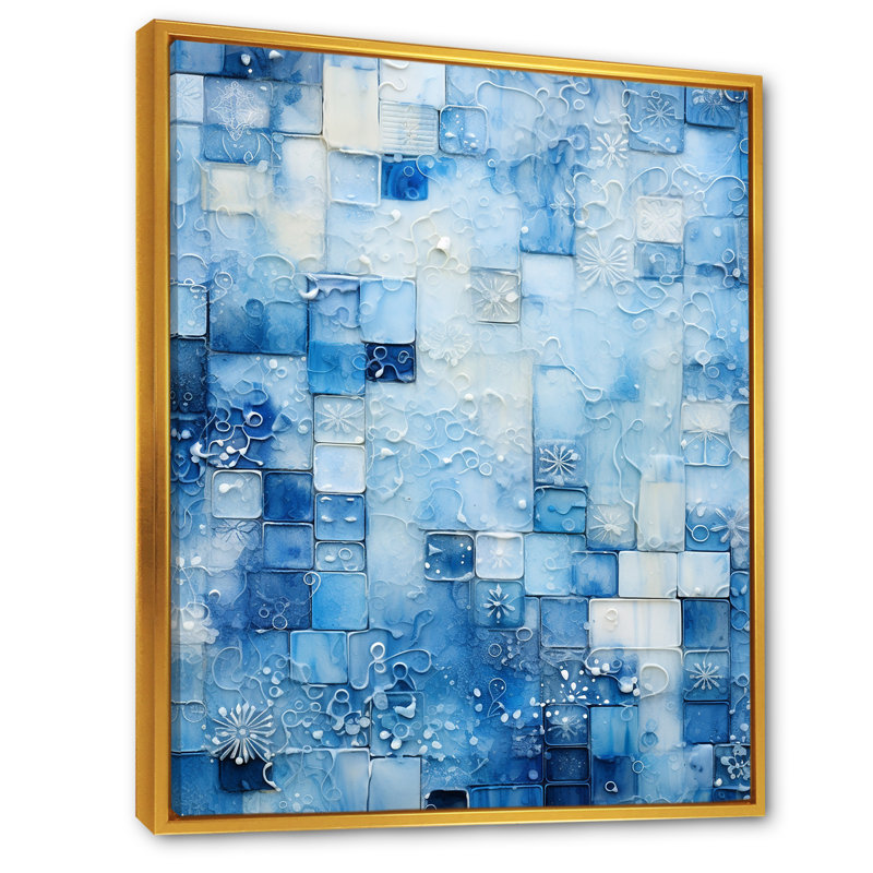 Carreaux botaniques bleus et blancs V - art mural abstrait, H 40 po x l 30 po x P 1,5 po, Cadre flottant doré
