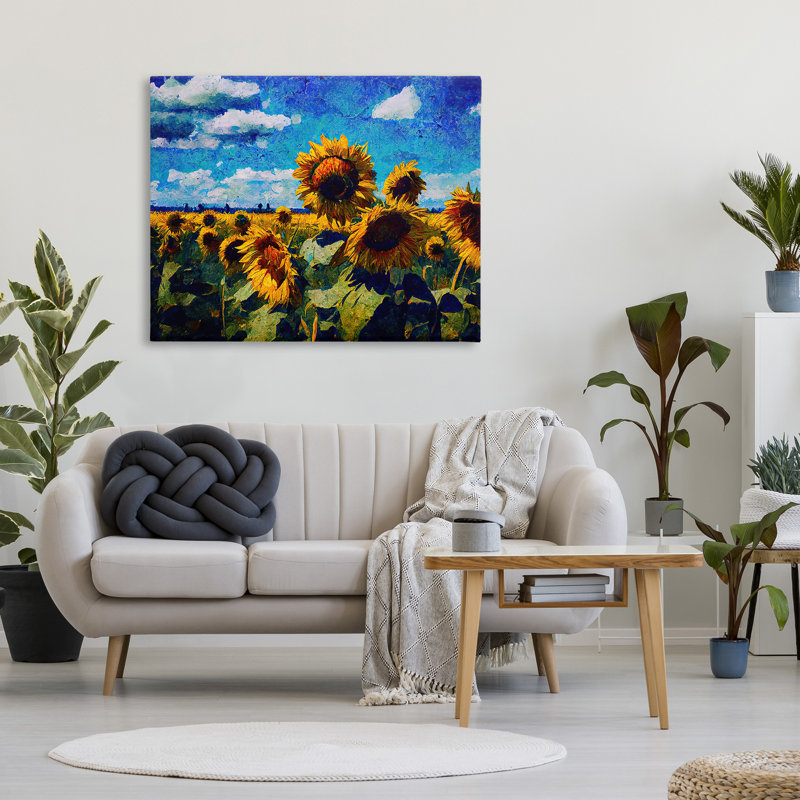 Art mural de champ de tournesols et nuages par Gina Kelly, H 36 po x l 48 po