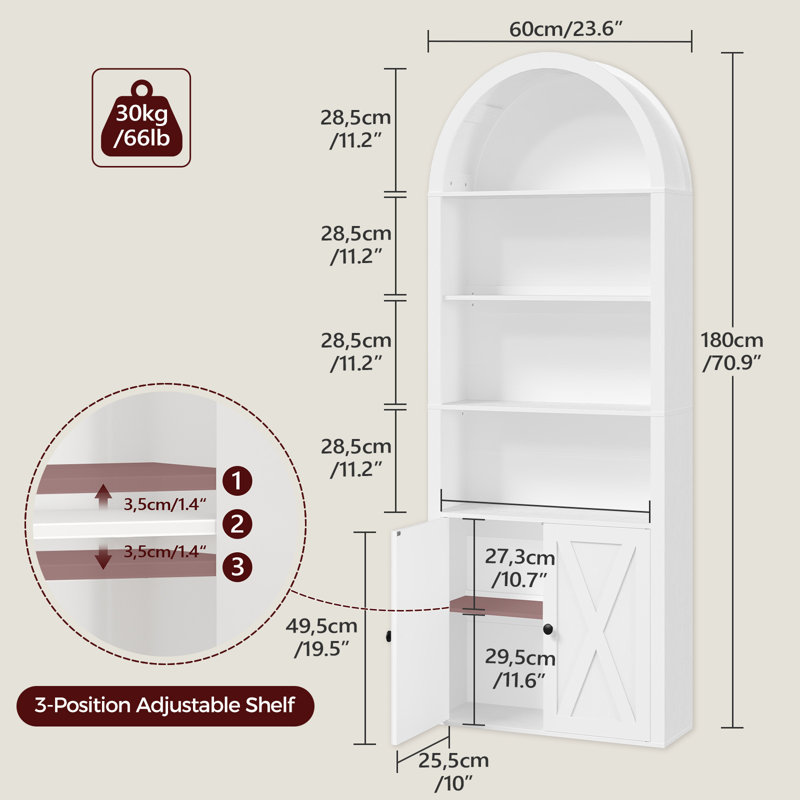 6-Tier 70.87" Tall Bookshelf Farmhouse Arched Bookcase With Cabinet, White