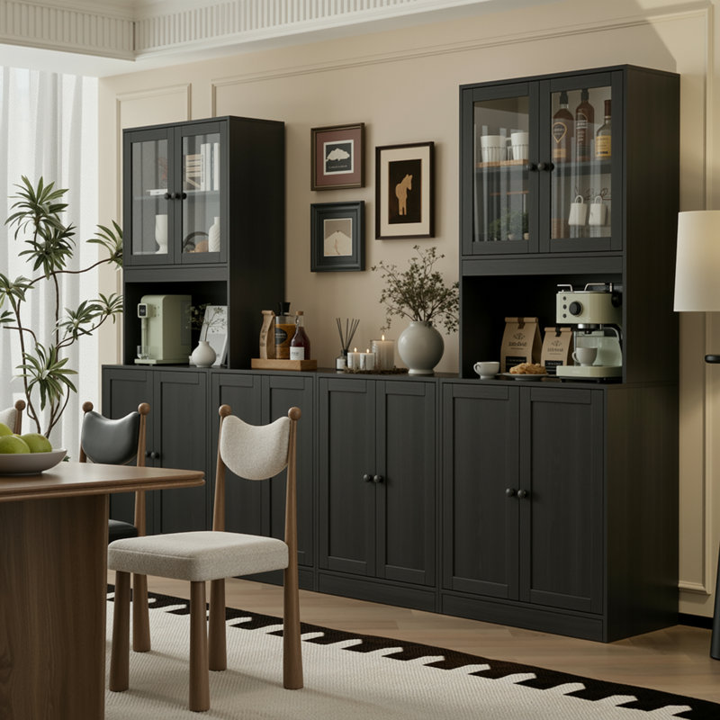 Garde-manger 71 po avec bibliothèques et meuble télé de style campagne pour téléviseur de 75 po ou moins, Noir
