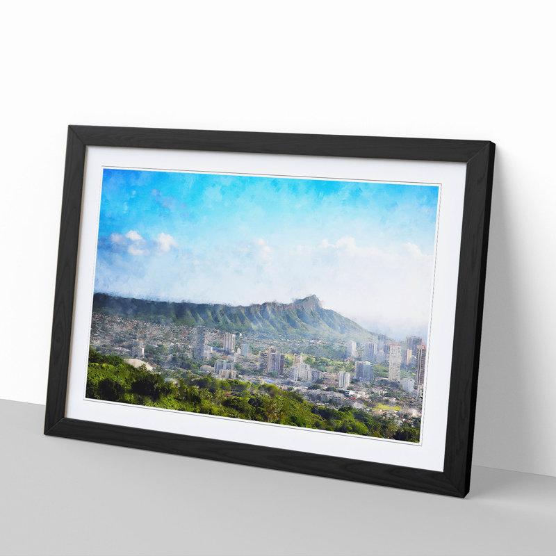 Honolulu Oahu Skyline in Hawaii - Picture Frame Painting, 27cm H x 36cm W x 2cm D, Black Framed