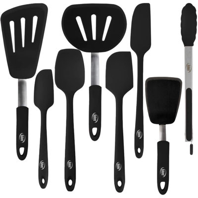 Ensemble de tournevis en silicone 8 pièces Kaluns - Ustensiles de cuisine antiadhésifs résistants à la chaleur avec poignées ergonomiques - Ensemble d'outils de cuisine sans BPA, noir