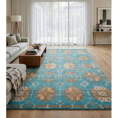 Hand Loom Knotted Wool Oriental Light | Blue Rectangle Area Rug