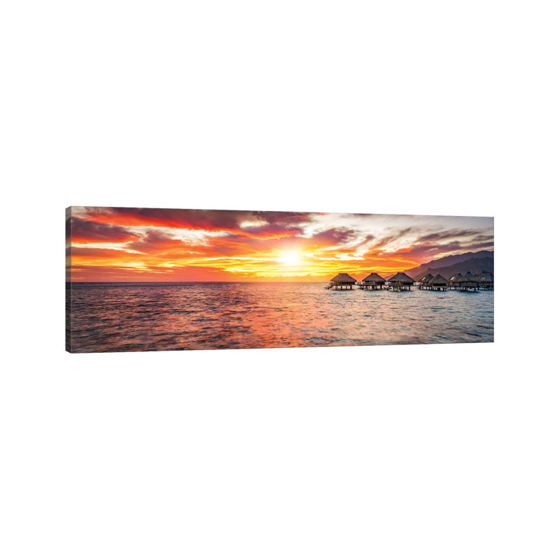 Overwater Bungalows At Sunset, Bora Bora Atoll 1 Piece Wrapped Canvas Panoramic Wall Art