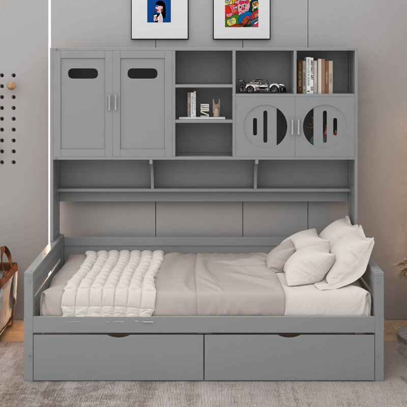 Lit de jour en bois avec tiroirs, Gris, Simple