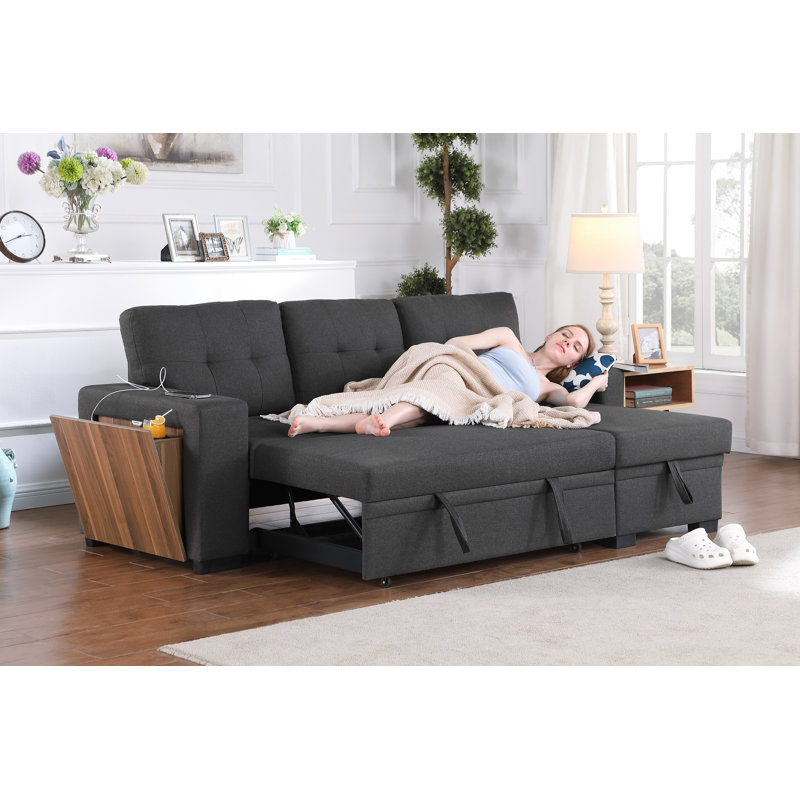 Dark Gray Tufted Fabric Reversible Sectional Sofa with Storage and Cup Holder