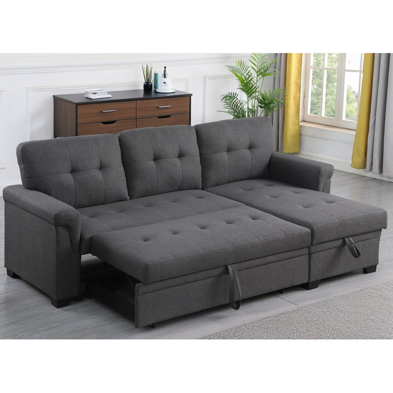 84'' Dark Gray Linen Reversible Sleeper Sectional Sofa With Storage Chaise​, Dark Gray Linen, 35.11" H x 54.11" W x 84.11" D
