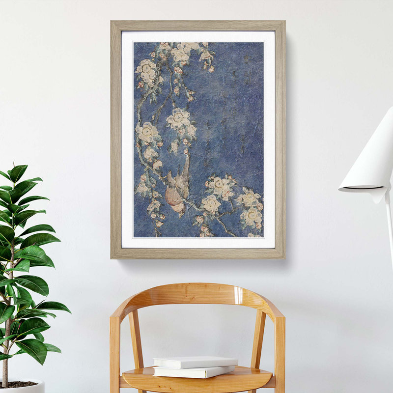 Bullfinch and Weeping Cherry Blossoms by Katsushika Hokusai - Picture Frame Painting Print on MDF, Oak Framed