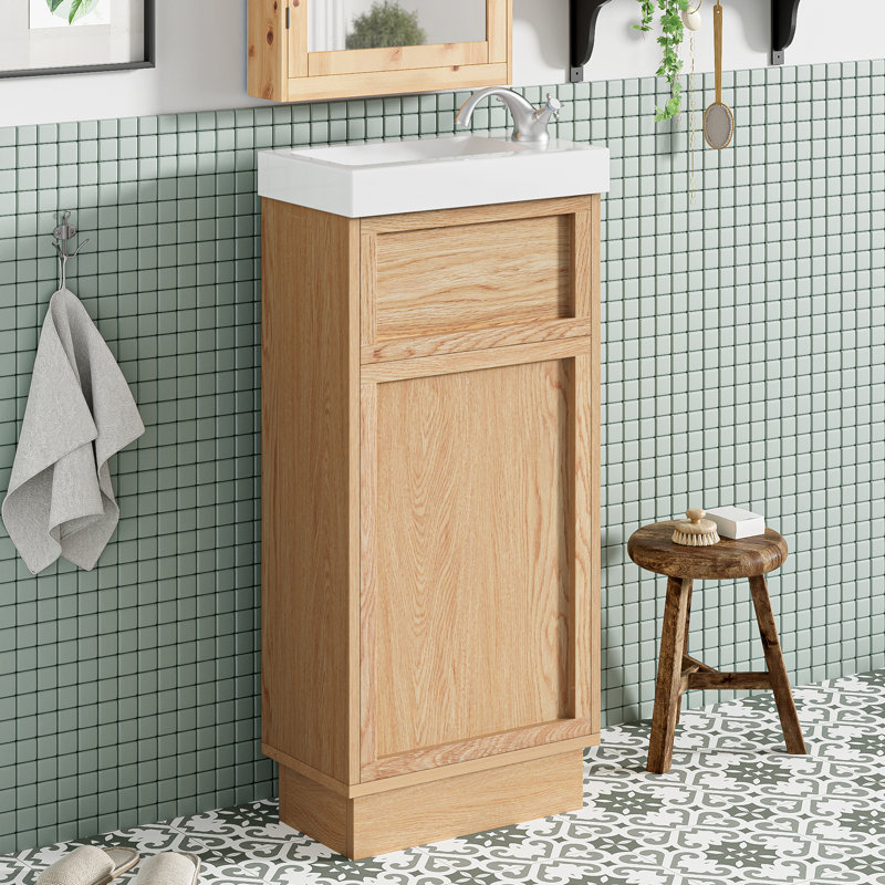 15.75" Rustic Bathroom Vanity – Compact Wood Grain Cabinet With Reversible Resin Sink, Adjustable Shelf & Push-To-Open Soft-Close Door
