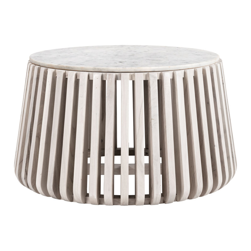 Round White Marble Top Coffee Table with Natural Wood Base