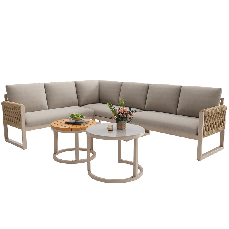 Outdoor Patio Furniture Set For 5–6 People With  Removable Cushions For Garden, Balcony & Terrace, Beige Cushion/Brown Frame
