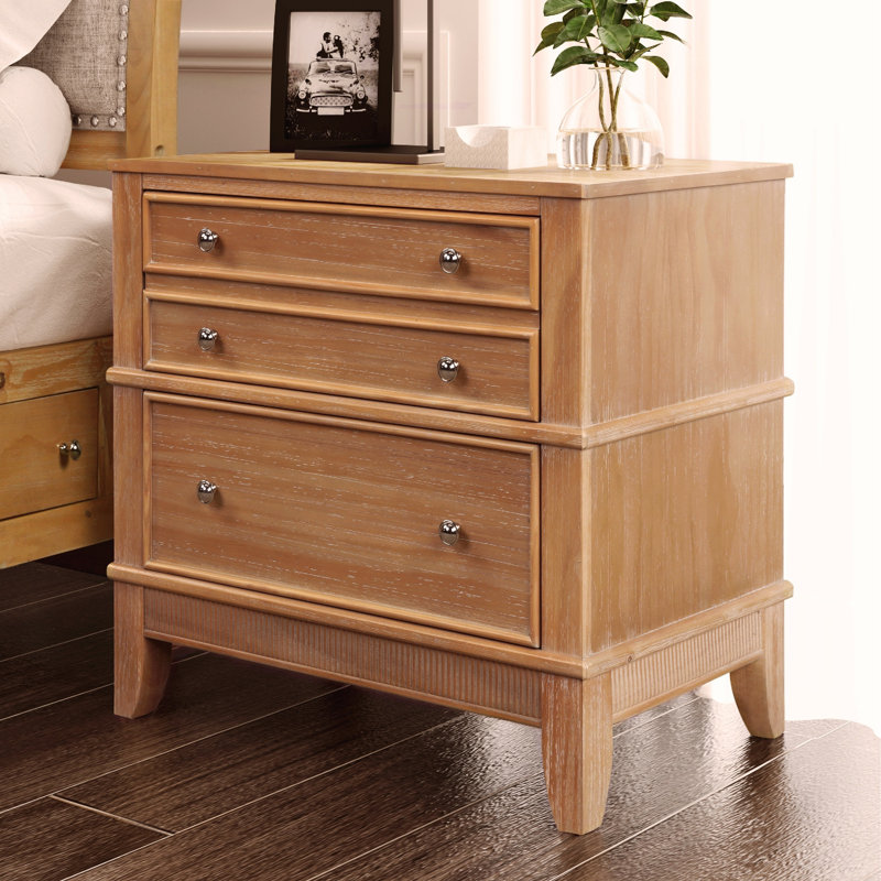 Hazel 3-Drawer Side Table for Living Room, Hallway & Entryway with Rustic Pine Finish and Metal Glides
