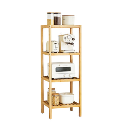 Space-Saving 4-Tier Natural Wooden Bathroom Shelf – Corner Slatted Organizer Rack for Bathroom, Kitchen, Bedroom, Entryway