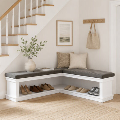 Banc de rangement en L avec coussin, banc de rangement pour chaussures 63 "avec tablettes ouvertes