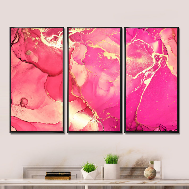 Rose et or fuchia liquide Art II - 3 pièces, reproduction sur toile, H 32 po x l 48 po, Noir