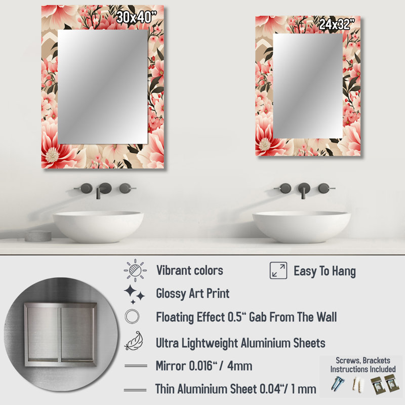 Décoration florale rose pivoine délicate - miroir floral, 32 po x 24 po